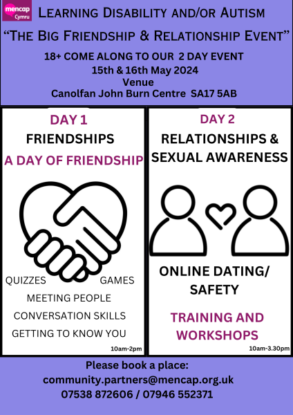 Learning Disability and/or Autism 2 day Event for Friendship, staying safe online&Sex Education 18+